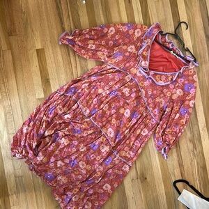 Entro Floral Dress with Ruffle Trim in Red and Lavender